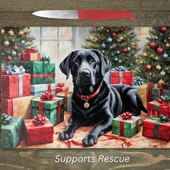 Christmas Black Labrador Kitchen Tempered Glass Cutting Board or Trivet - Picture 1 of 1